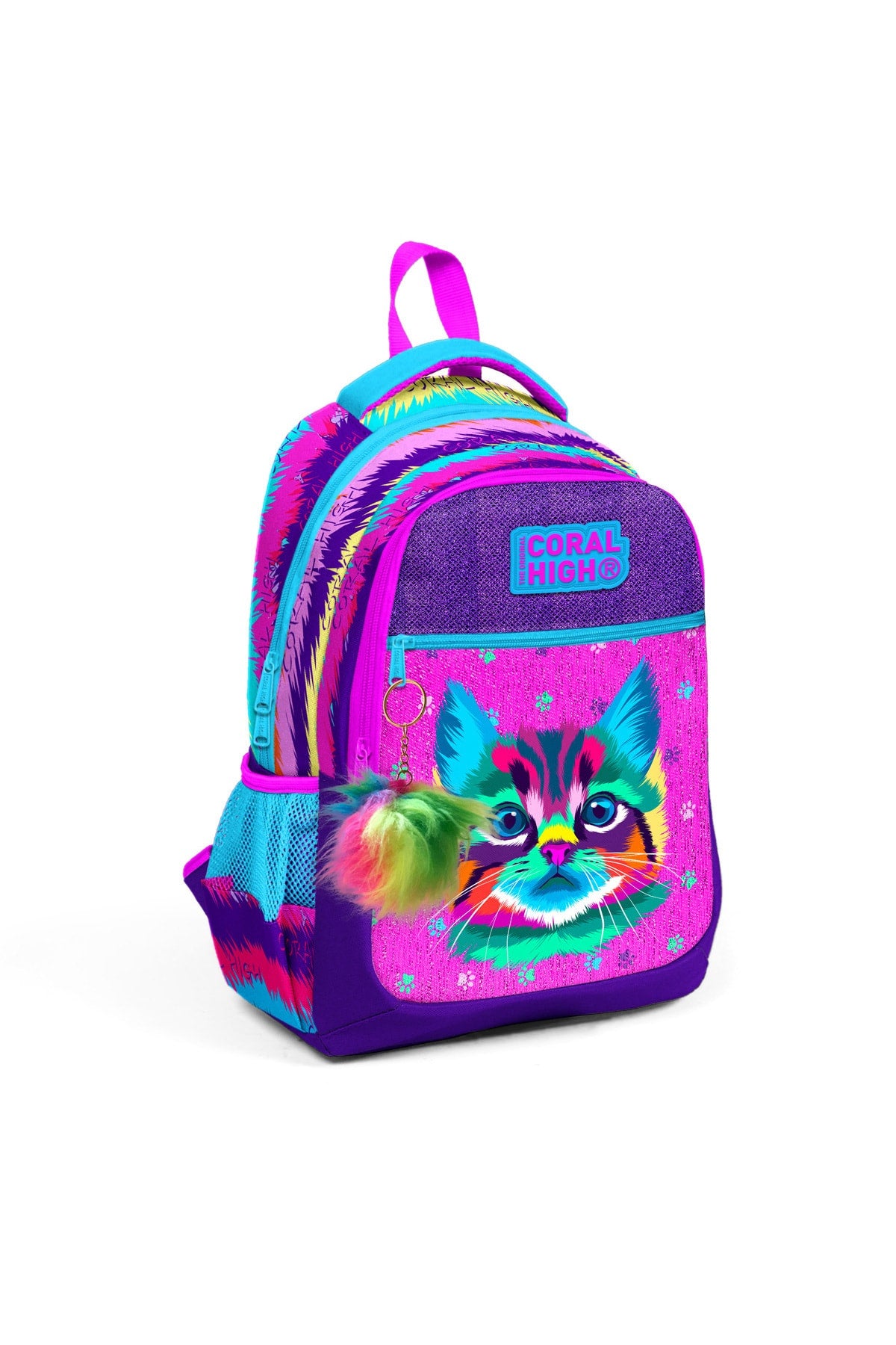 Kids Purple Pink Cat Pattern Three Compartment School Backpack 23477