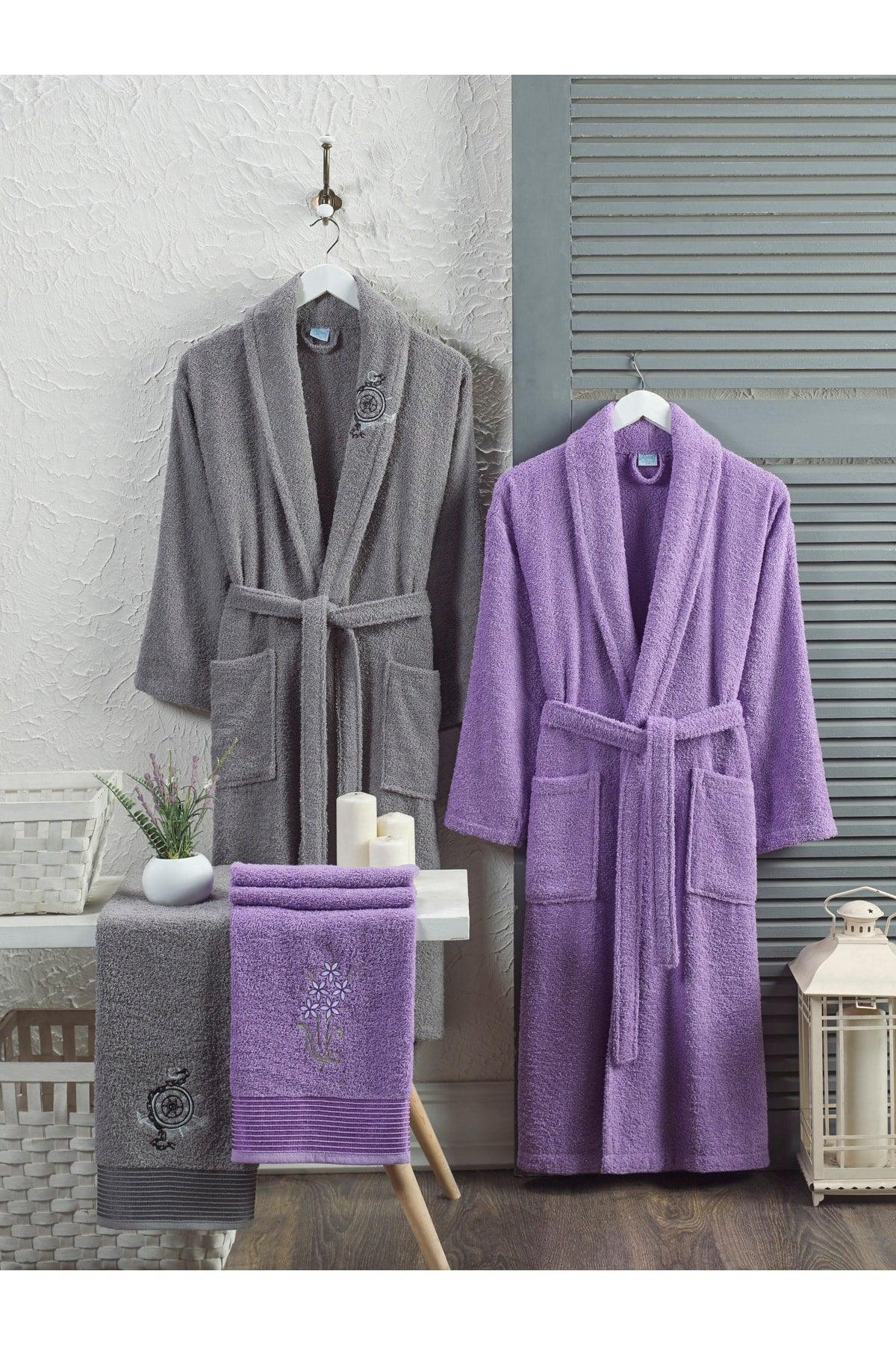 Cotton Embroidered 4-Piece Family Bathrobe Set | Bathrobe Set | Dowry Set | anthracite | Lavender - Swordslife