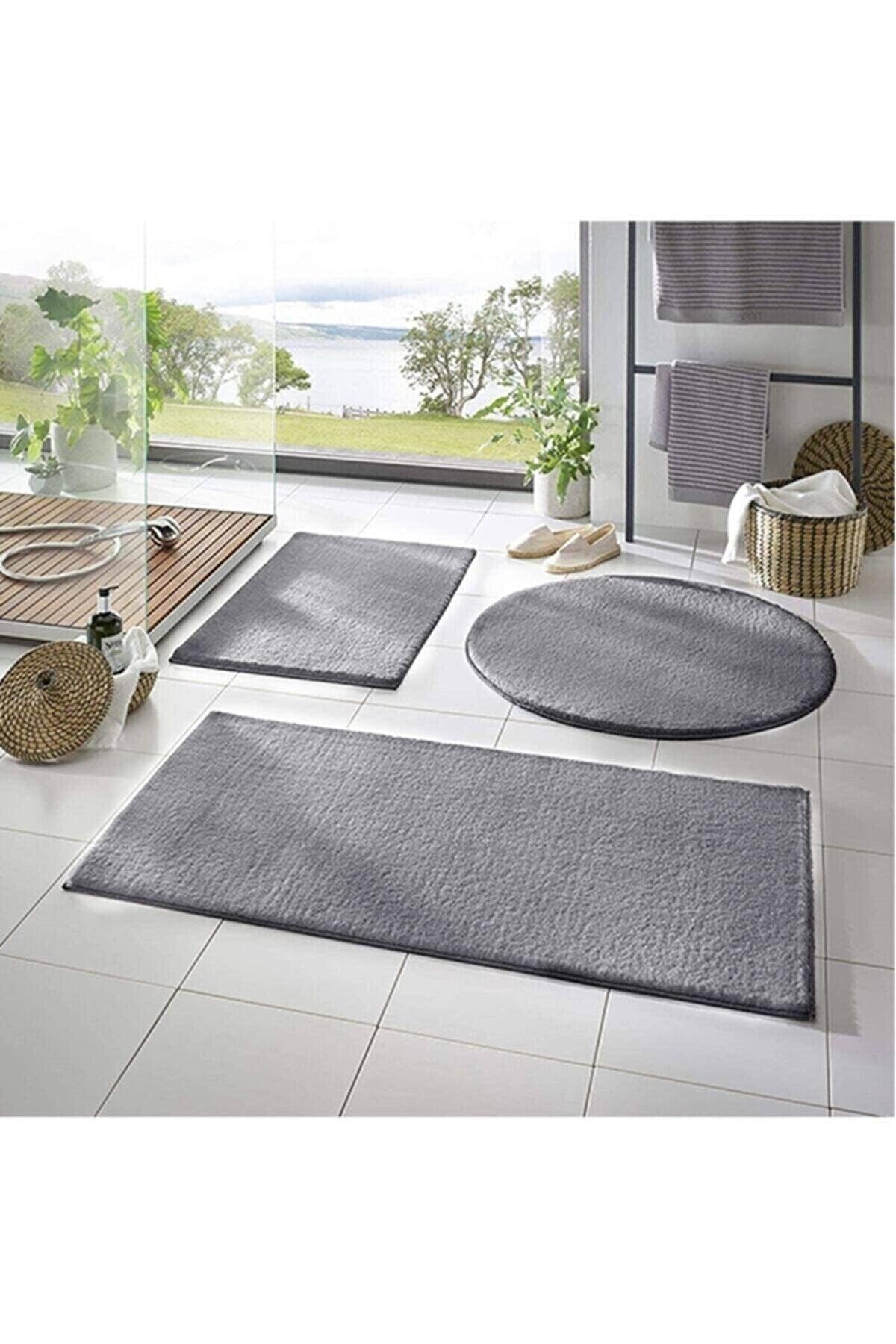 Sarar Post 3 Pcs Bathroom Carpet (60X100, 40X60, 60X60 ROUND) Plush Post Carpet Closet Set Anthracite - Swordslife