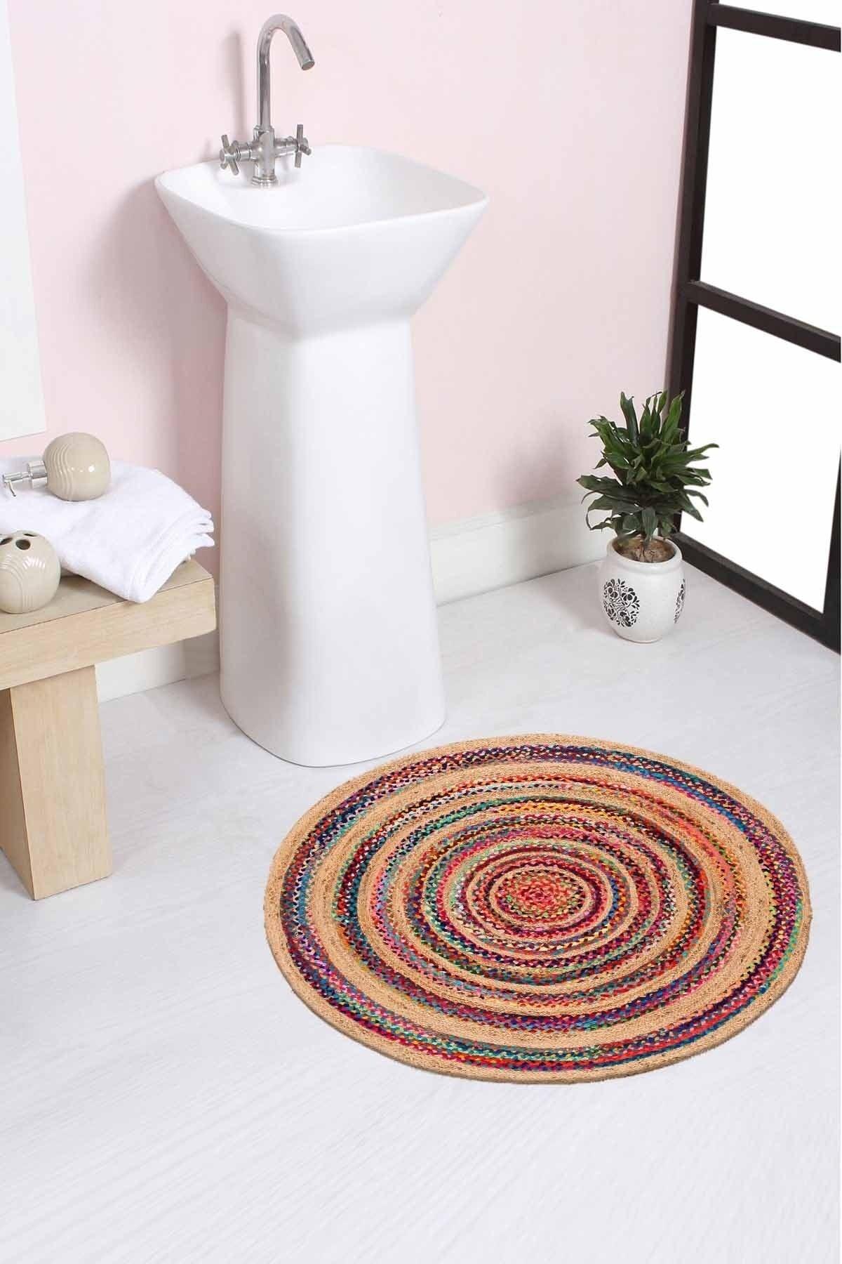 Colorful Striped Patterned Rope Straw Jute Knit Round Carpet Bath Mat 80x80cm - Swordslife