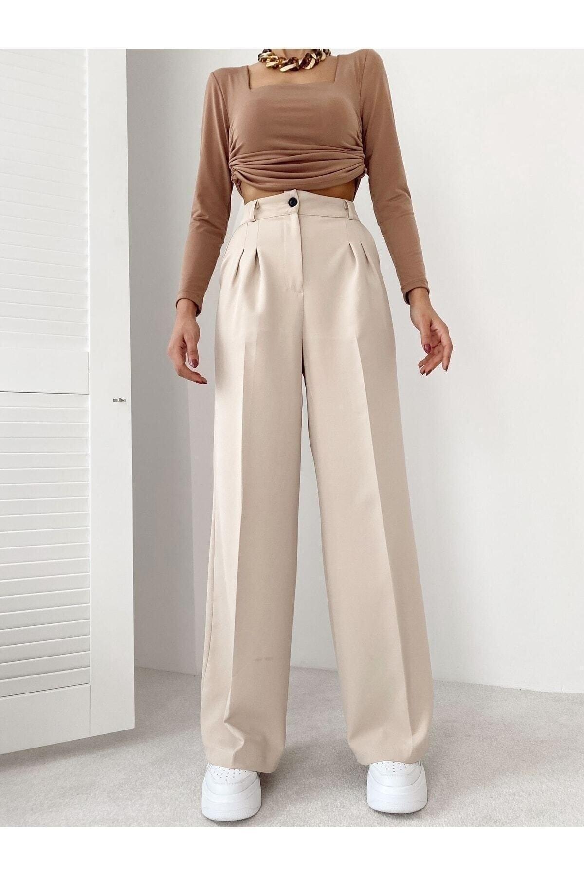 Women's Beige High Waist Palazzo Pants - Swordslife