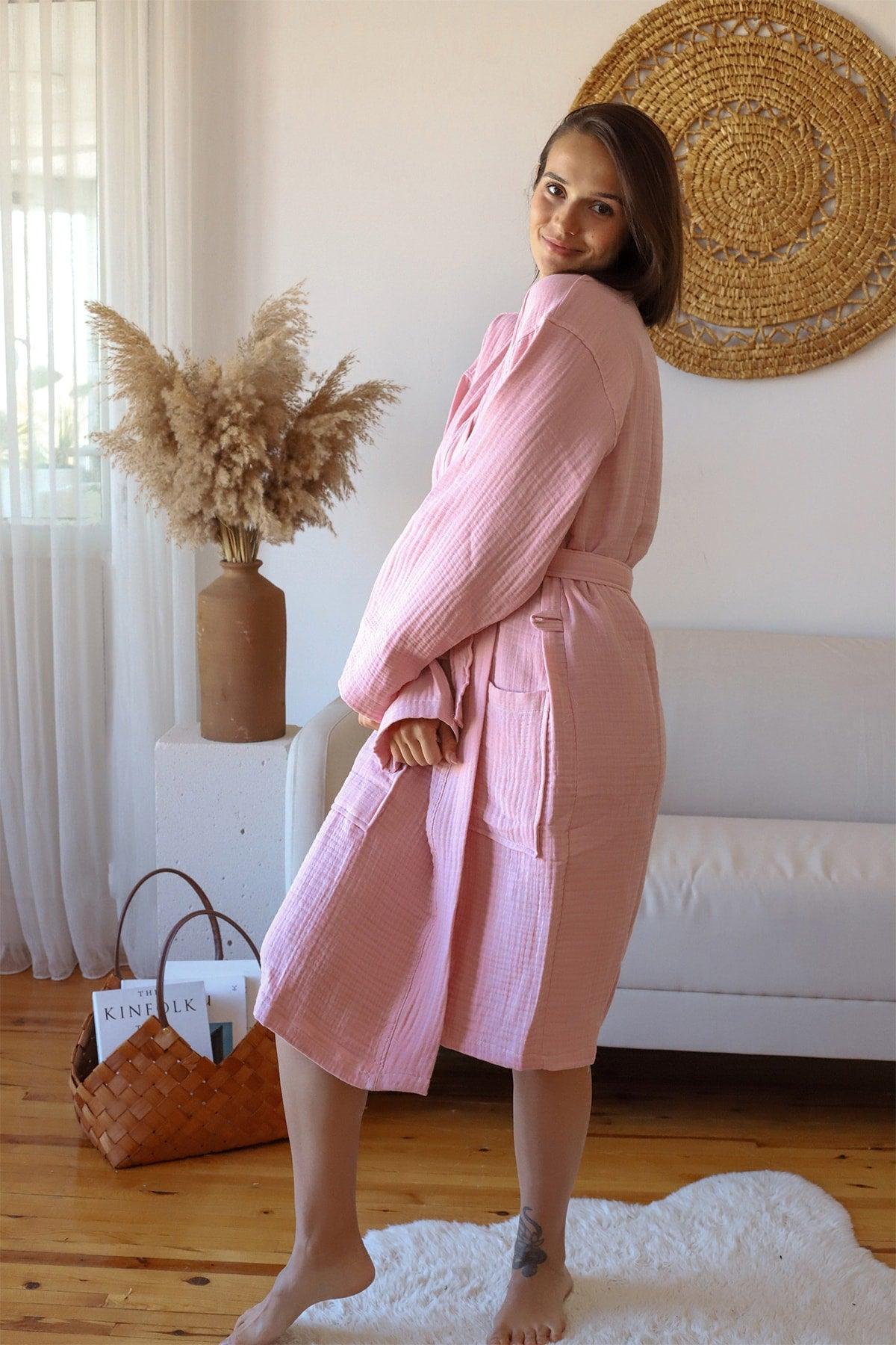 Adult Kimono Bathrobe, 100% Cotton 4 Ply Multi Muslin Pink - Swordslife