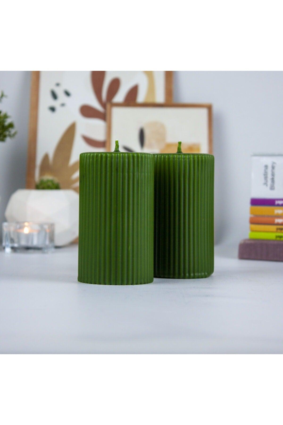 Corrugated Cylinder Set of 2 Candles 10 Cm Green - Swordslife