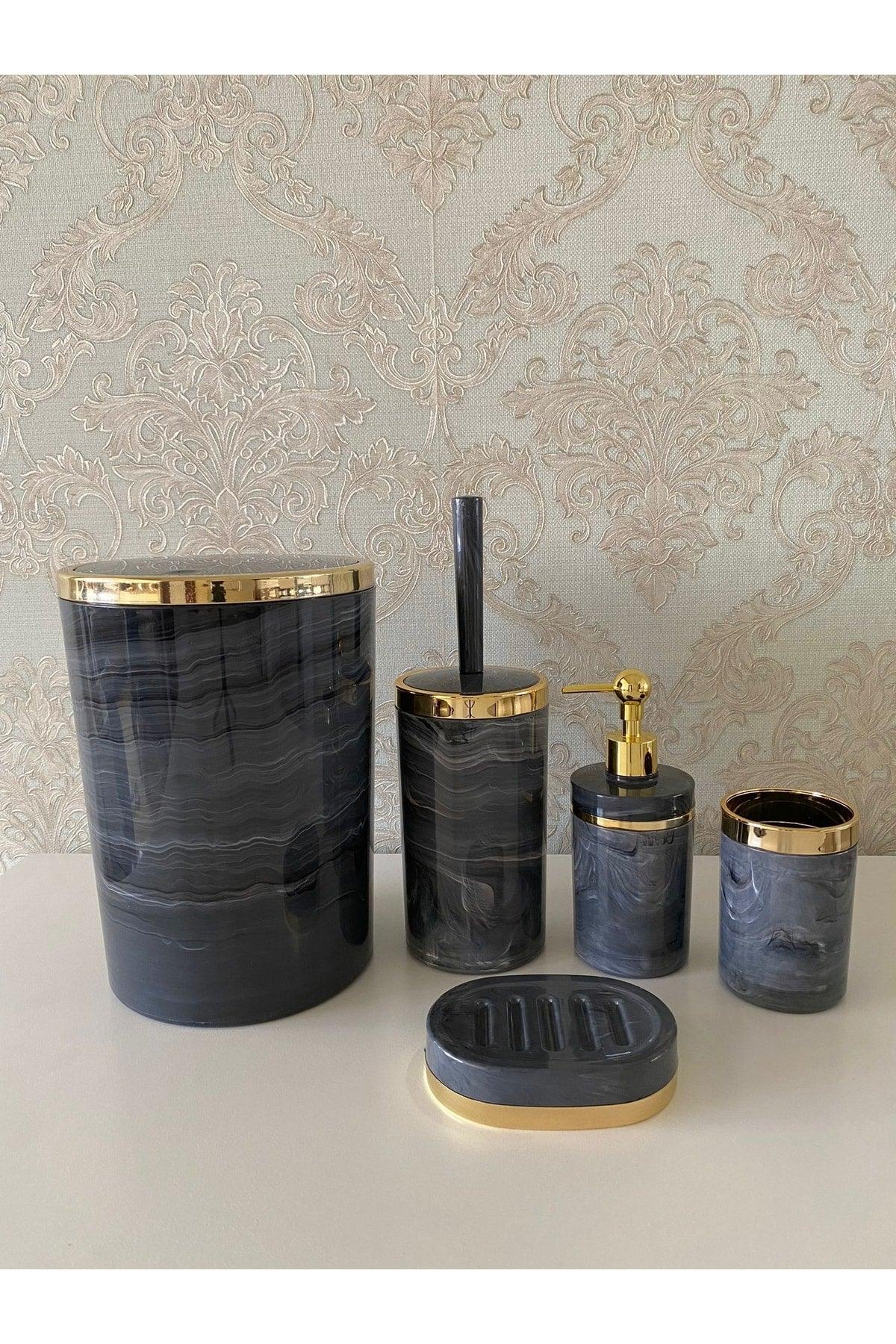 5 Pieces Marble Pattern Bathroom Set / Wc Brush Holder, Liquid - Solid Soap Dispenser, Dustbin, Toothbrush Holder - Swordslife