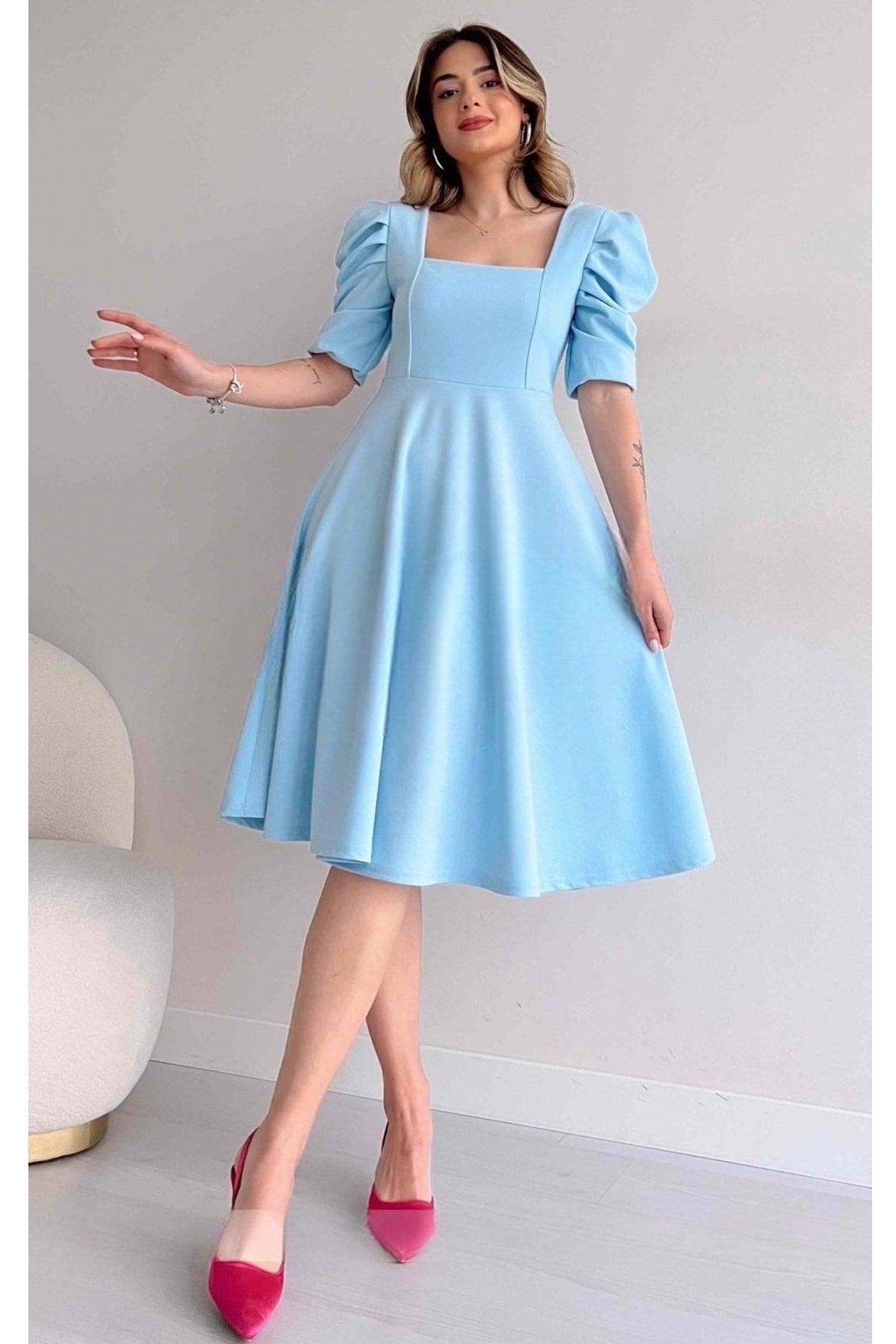 Women's Crepe Fabric Short Sleeve Square Collar Midi Length Flared Cut Baby Blue Dress - Swordslife