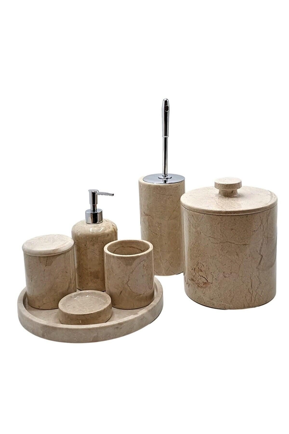 Decorative Beige Marble Silver Detailed 7 Pcs Bathroom Set - Swordslife