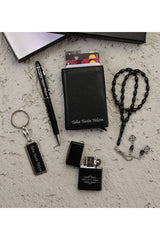 Personalized Mechanism Leather Wallet Key Chain Rosary Pen And Lighter Set