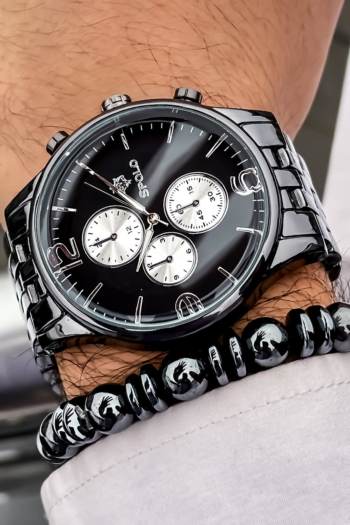 Black Steel Band Men's Wristwatch Bracelet With Gift