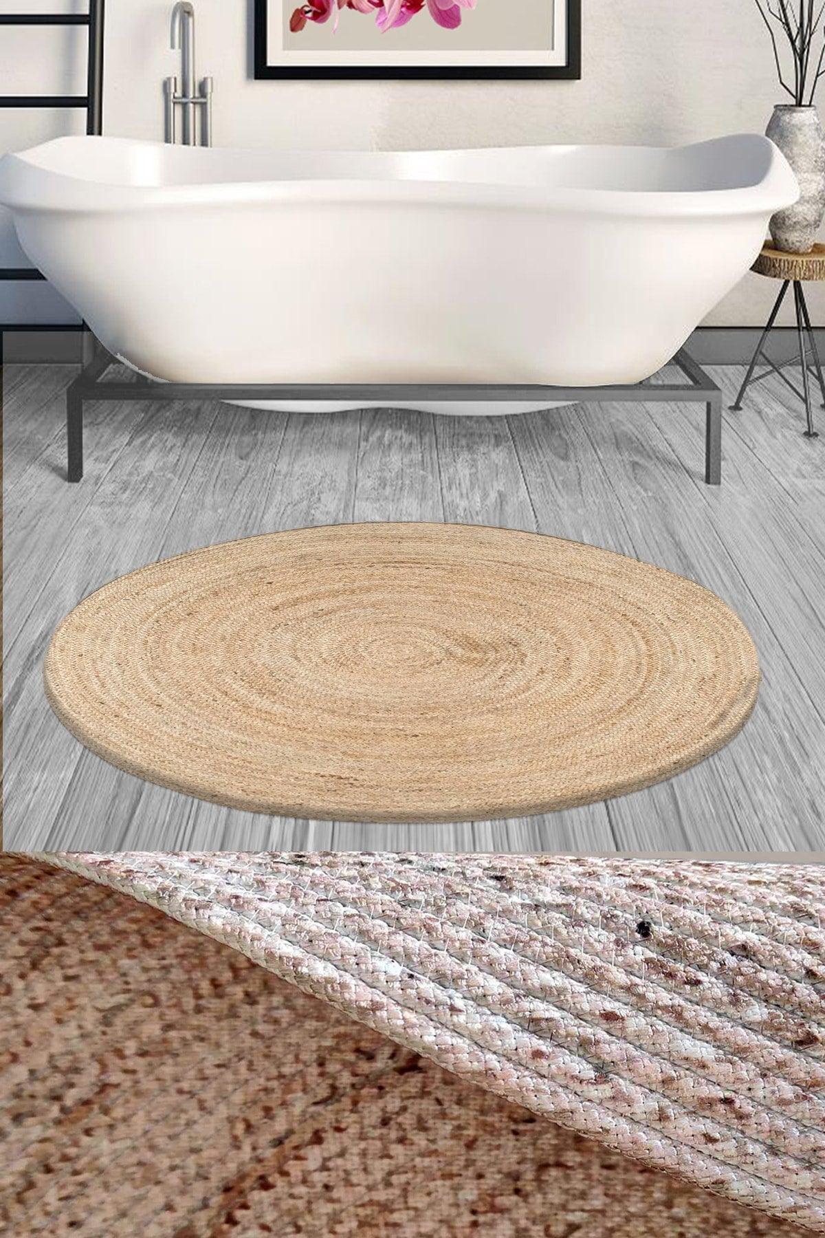 Else Decor Natural Patterned Rope Straw Jute Knit Round Shower Front Bath Mat 120x120cm - Swordslife