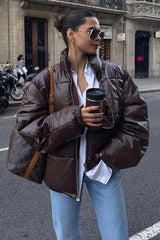 Brown Oversize Basic Leather Coat Mg1387 - Swordslife