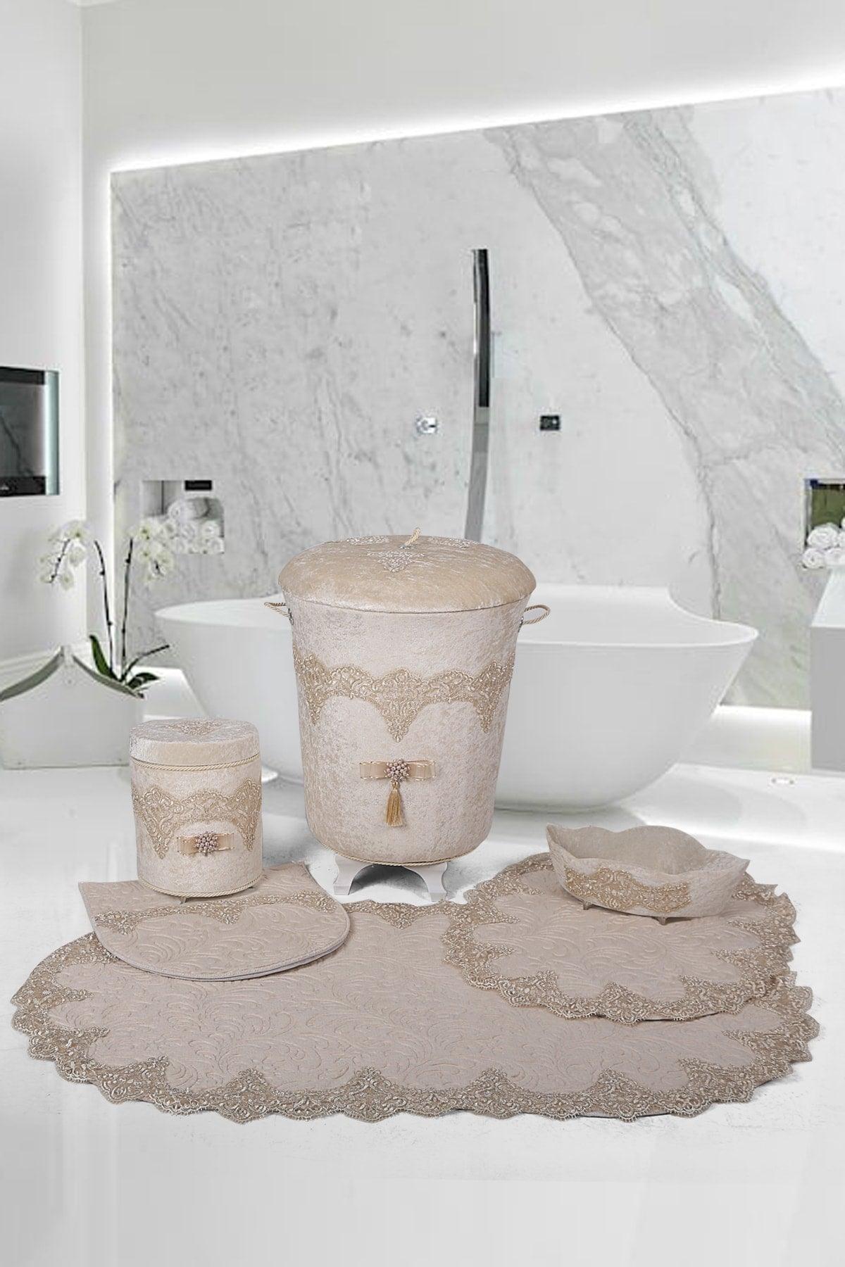 Luxury Mink 6 Pcs Lacy Bathroom Dirty Laundry Basket Set + Bath Mat Set - Swordslife