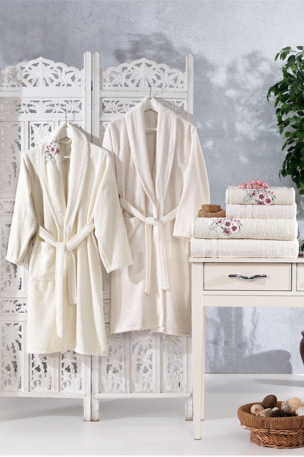 Family Embroidered Cream & Cream Family Bathrobe Set 6 Pieces Dowry Women Men Bathrobe Bath Towel Set - Swordslife