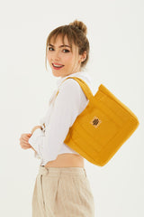 Mustard U37 Snap Closure 2 Compartment Front Pocket Detailed Canvas Fabric Daily Women's Arm and Shoulder Bag