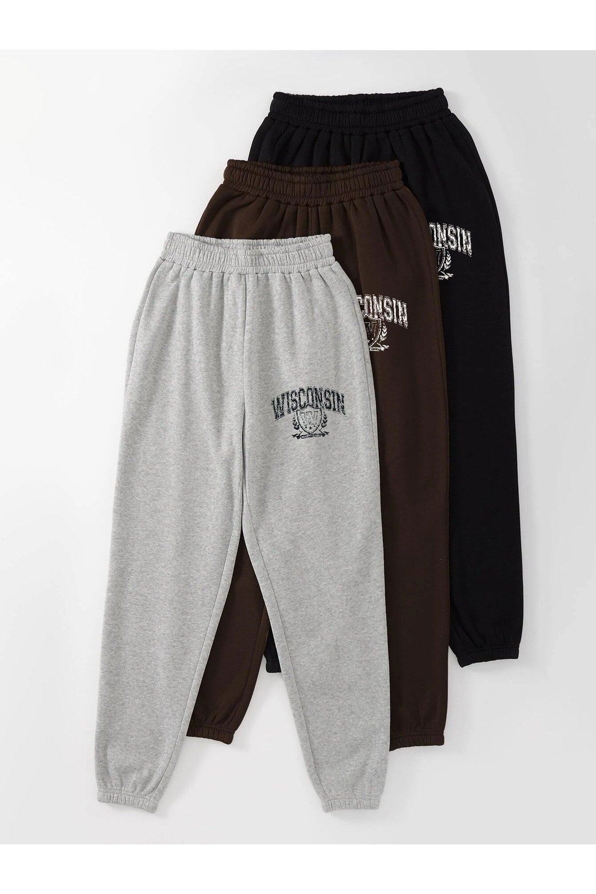 3-pack Wisconsin Printed Jogger Sweatpants - Black Gray And Brown Elastic Leg High Waist Summer