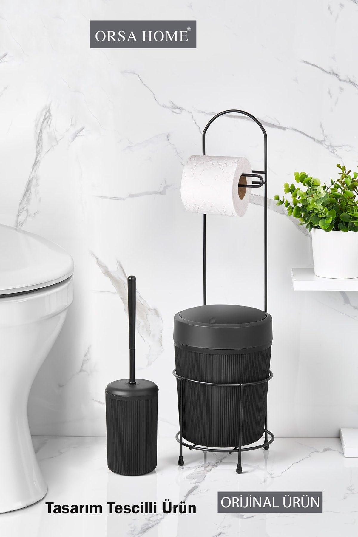 Black Round Bucket Wc Paper Holder And Toilet Brush Set - Swordslife