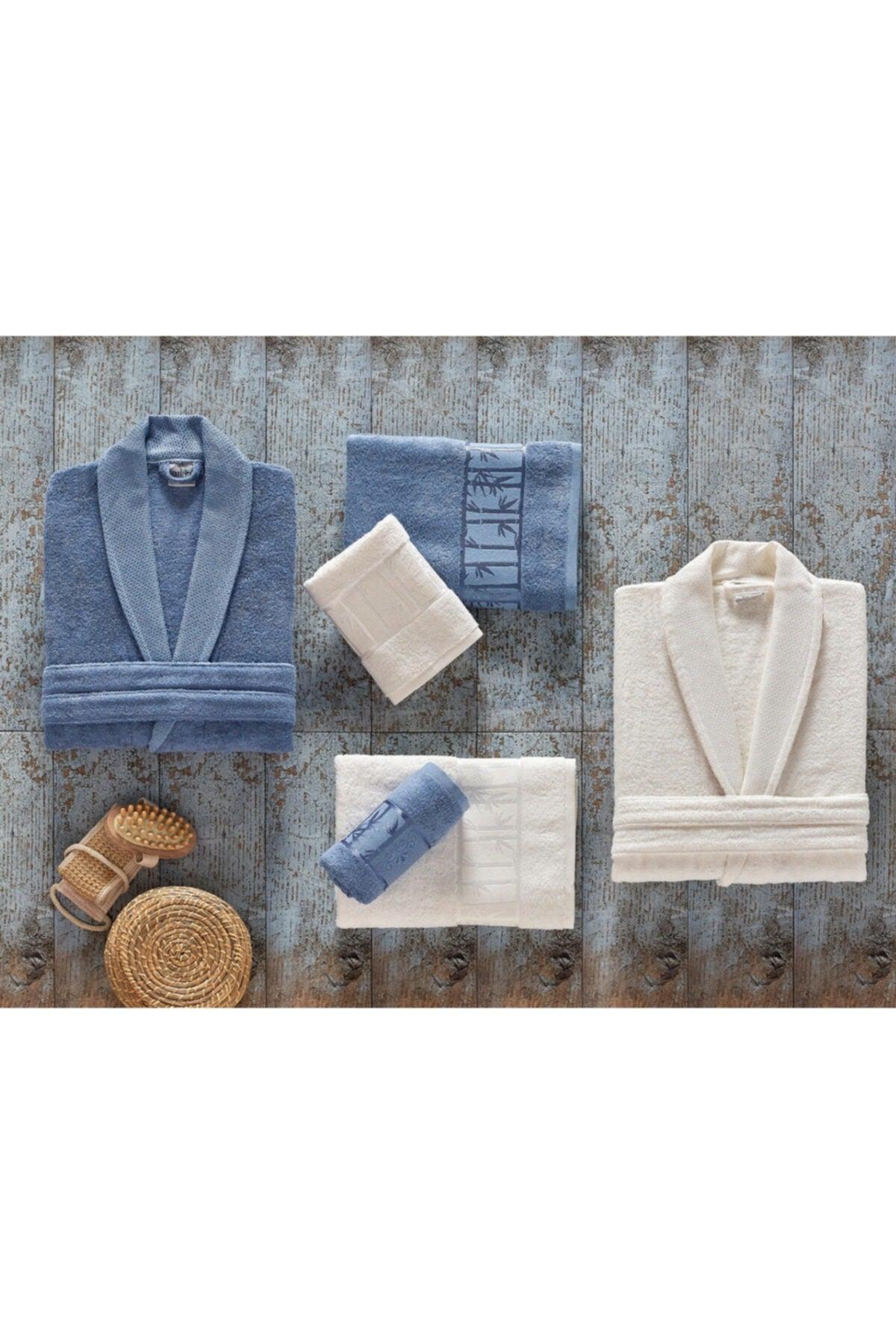 Arliva Bamboo Family Bathrobe Set Blue Cream - Swordslife