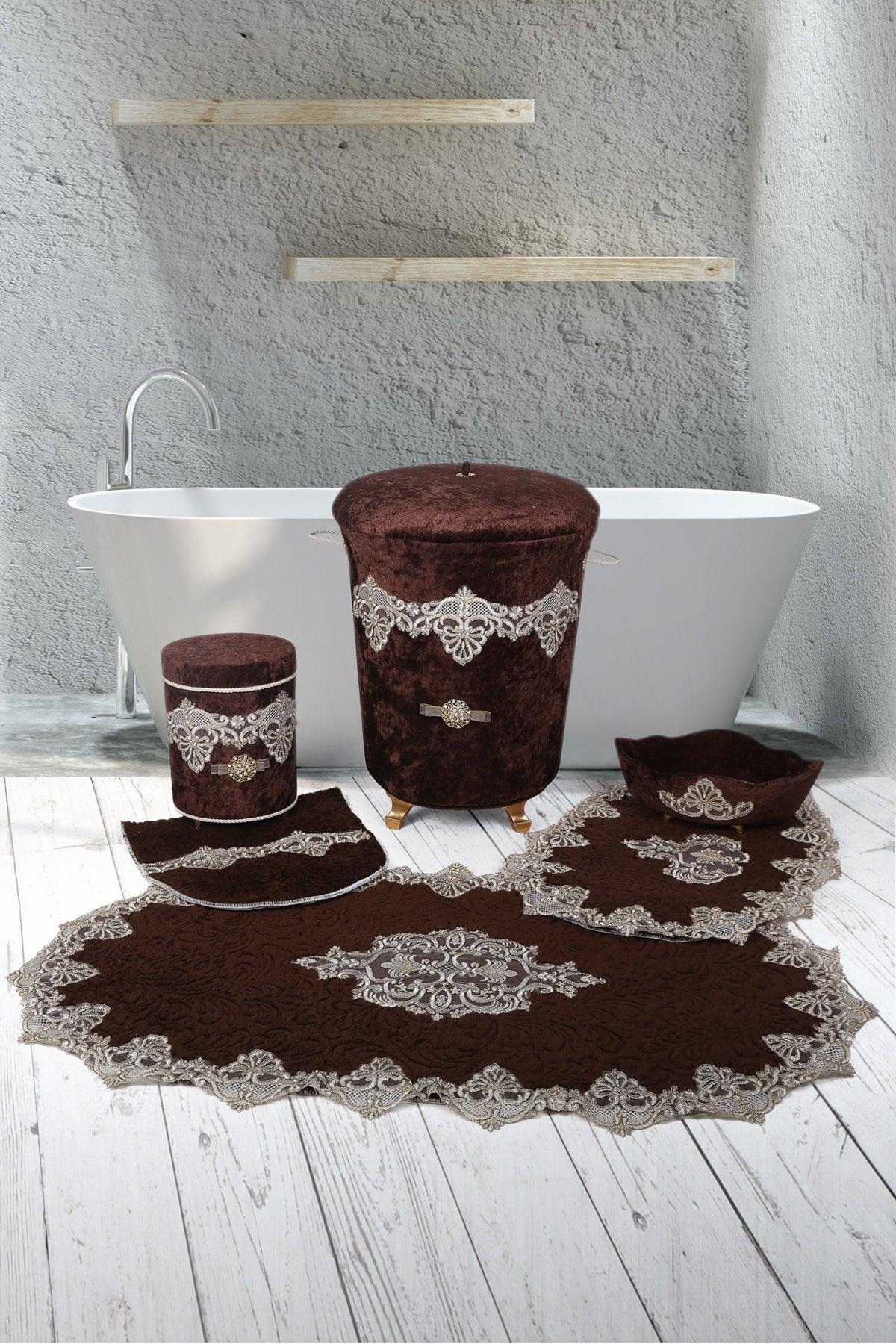 Aplique Lux Brown 6 Piece Velvet Bathroom Set Dirty Laundry Basket Set + Bath Mat Set - Swordslife