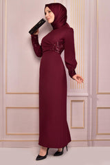 Pearl Detail Evening Dress Claret Red Asm2553 - Swordslife