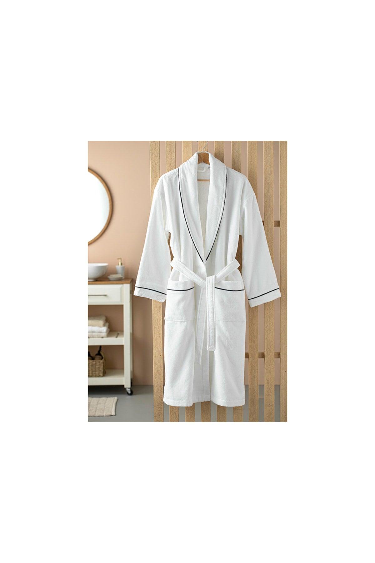 Premium Velvet Bathrobe with Cotton Piping Sm White - Navy Blue - Swordslife