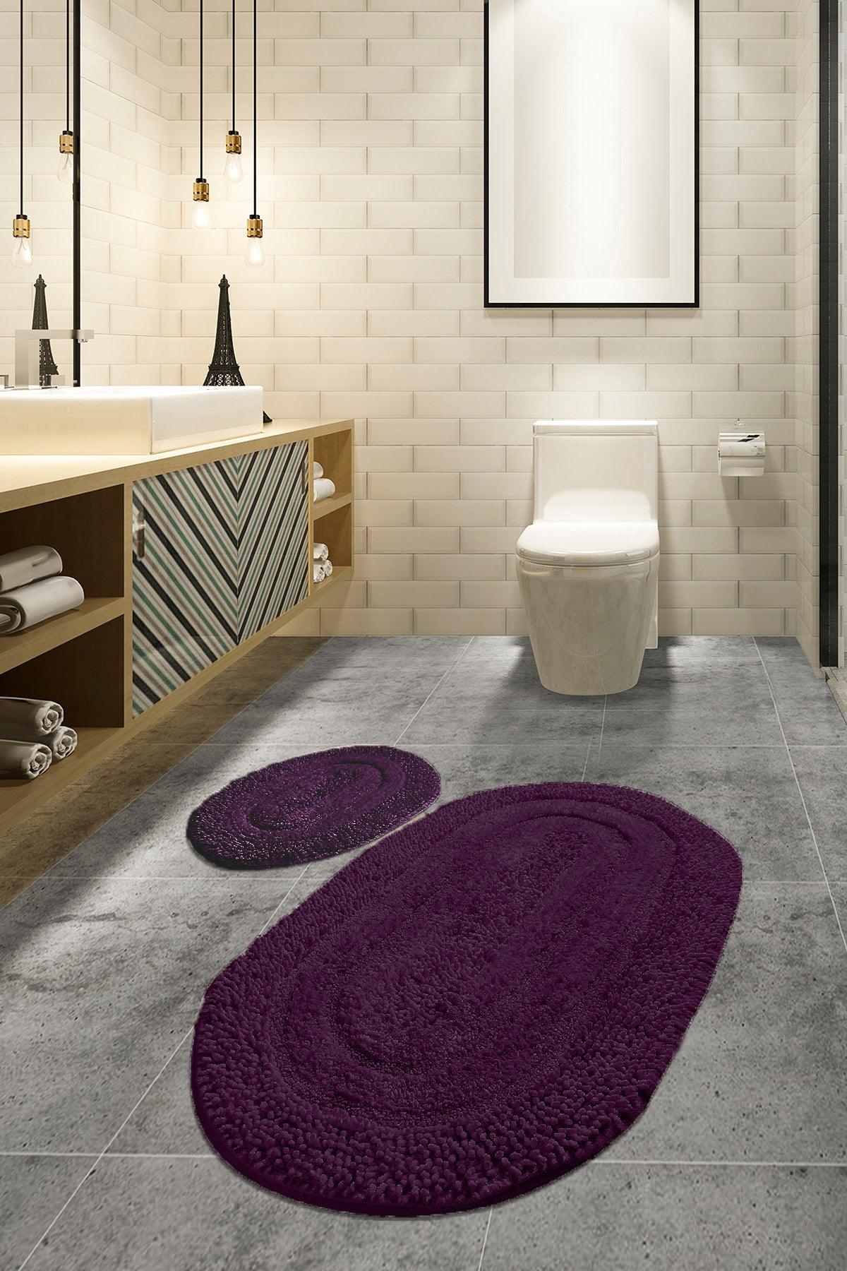 Macoroni Purple Set of 2 60x100 cm 50x60 cm Bathroom Rug Washable Non-Slip Base Cotton - Swordslife