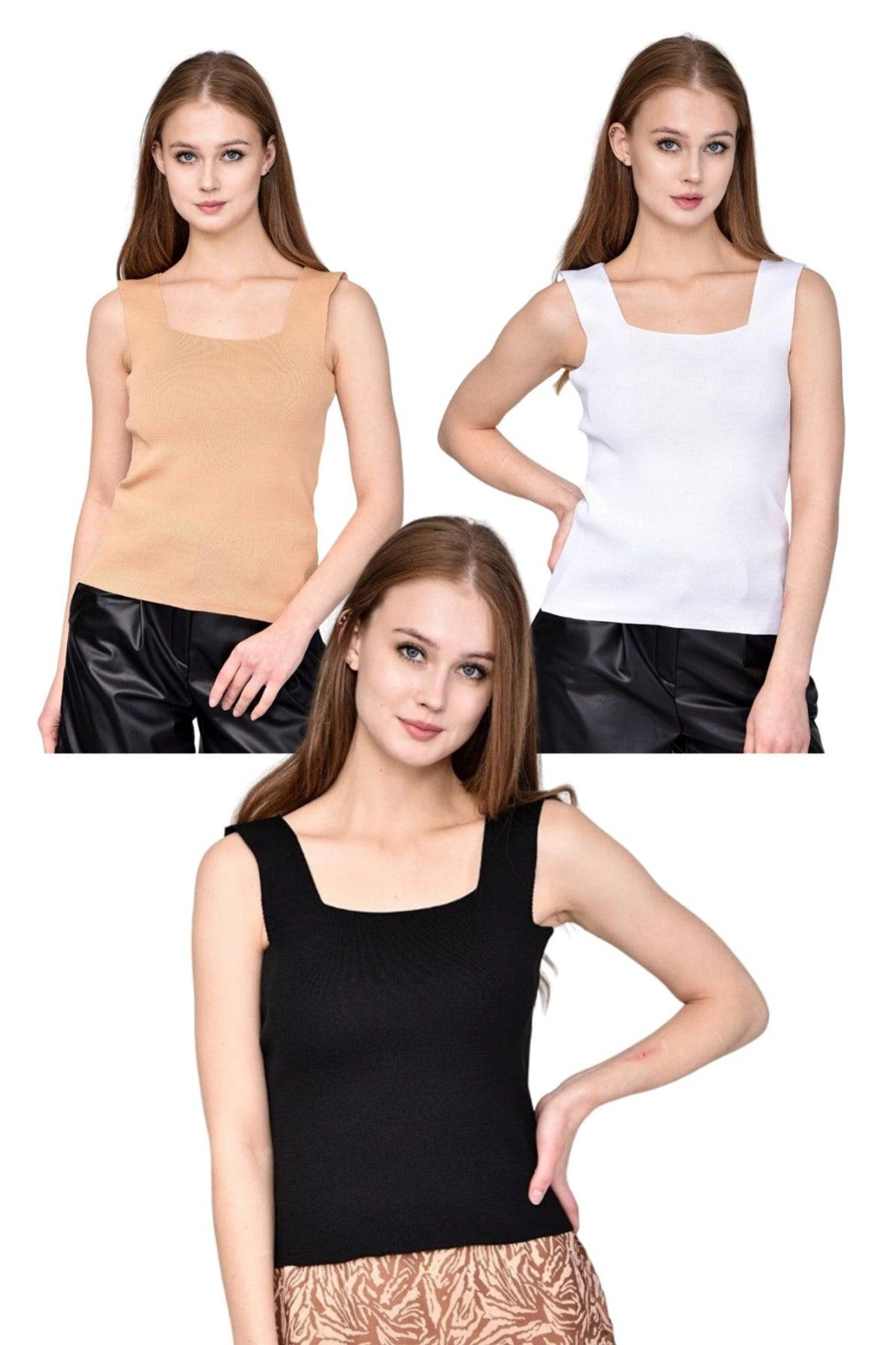 Women's Black-white-beige Square Collar Thick Strap 3 Pack Summer Knitwear Blouse - Swordslife