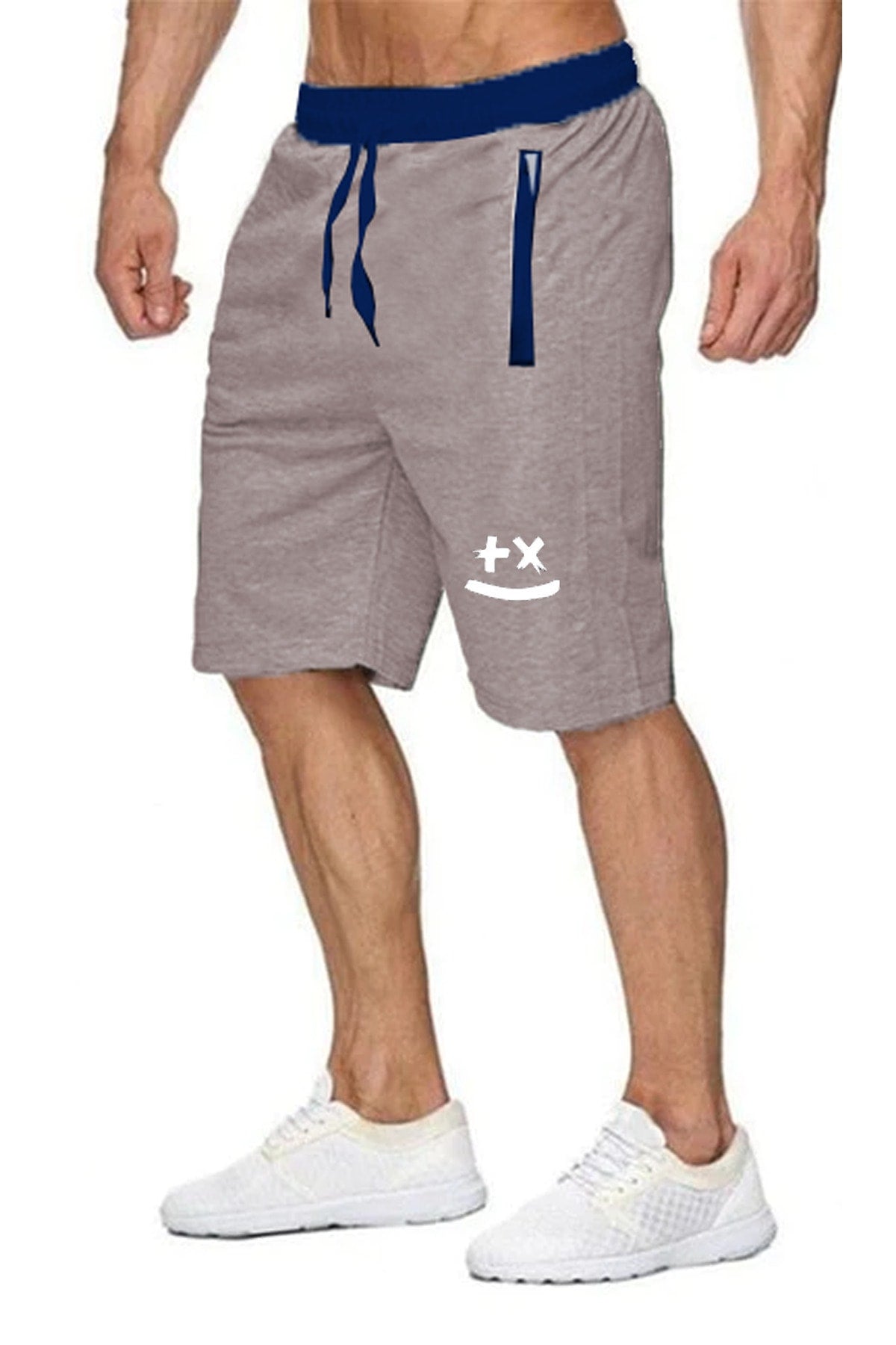 Smile Printed Navy Blue Belt Zippered Sports Shorts