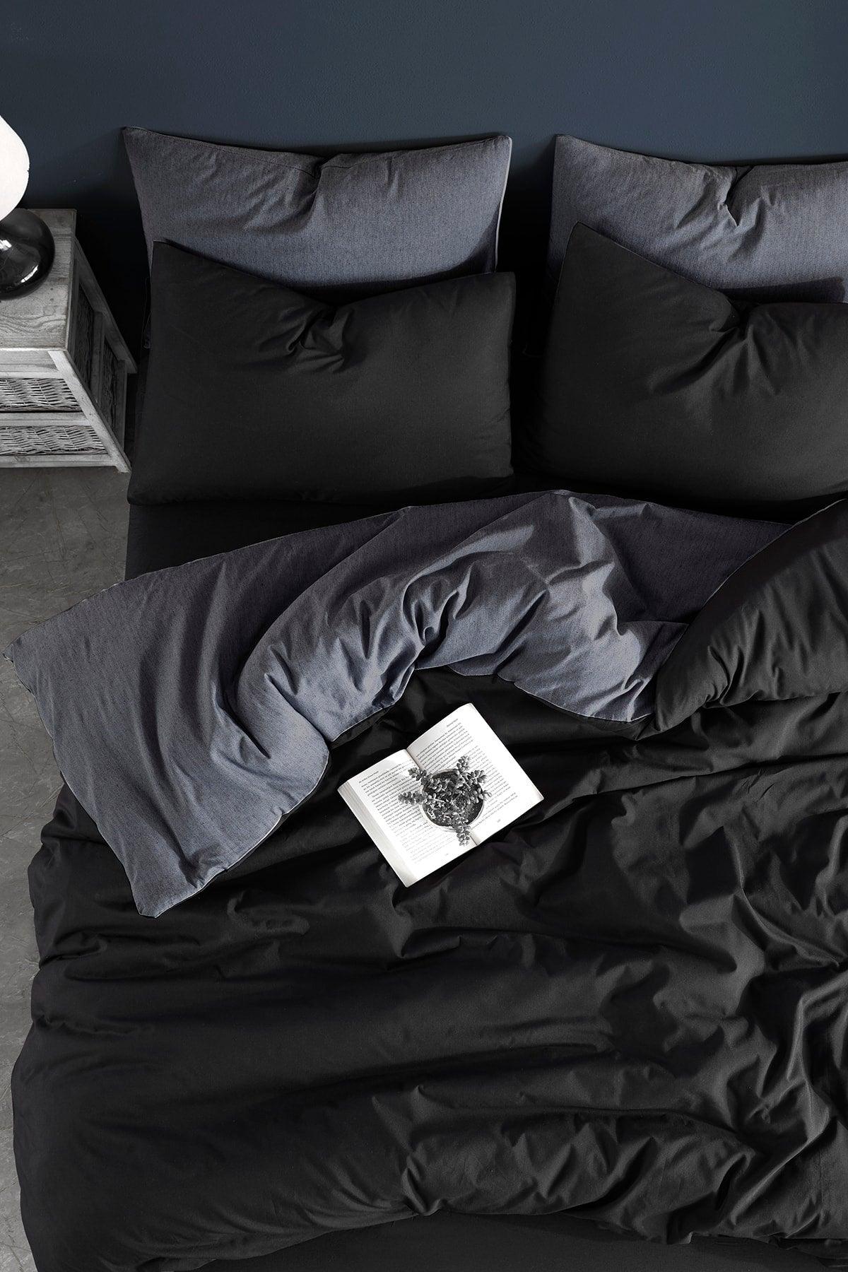 Double Duvet Cover Set with Elastic Linen | Anthracite Black | - Swordslife