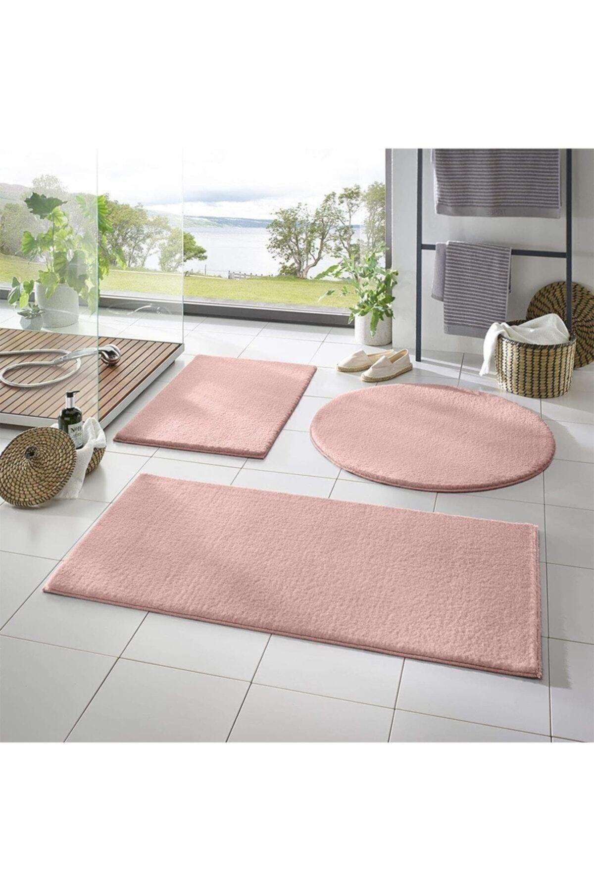 Bath Mat Triple Set Pink Color Plush Non-Slip Base Washable 60x100 - 60x40 - 60x60 Y3bh4 - Swordslife