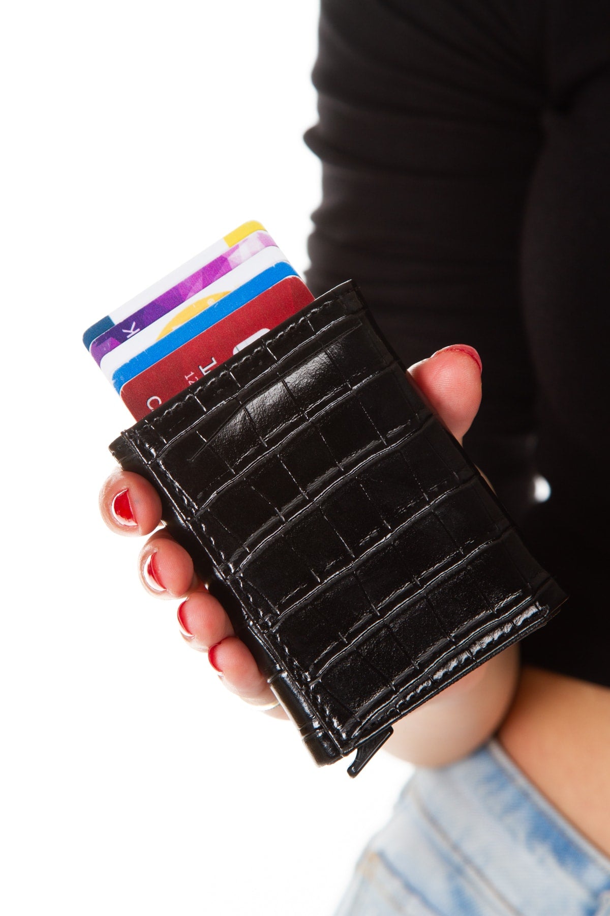 Unisex Leather Aluminum Mechanism Sliding Card Holder Wallet With Paper Money Compartment