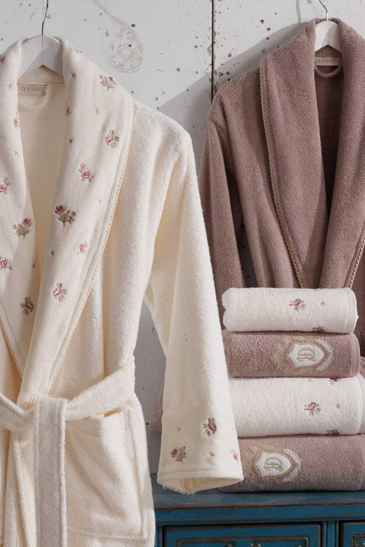 Velvet Cotton Bathrobe Set 6 Pieces Vanessa Cream - Beige - Swordslife