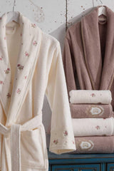 Velvet Cotton Bathrobe Set 6 Pieces Vanessa Cream - Beige - Swordslife