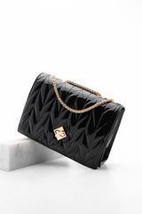Women's Gold Color Chain Shoulder Bag Delbin Black Patent Leather