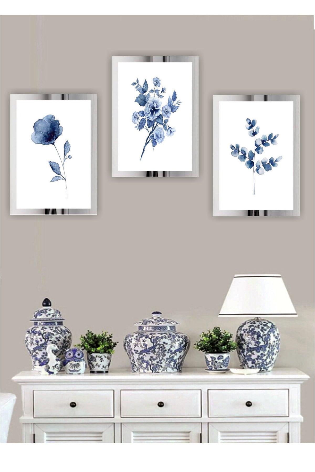 3 Pieces Blue Flower Home Decoration Plexi Framed Mirrored Shiny Decor Mdf Multi Table Set - Swordslife