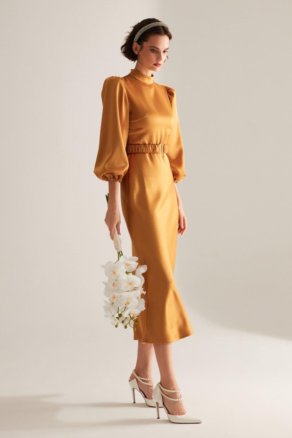 Berthe Judge Collar Long Mustard Engagement Dress - Swordslife