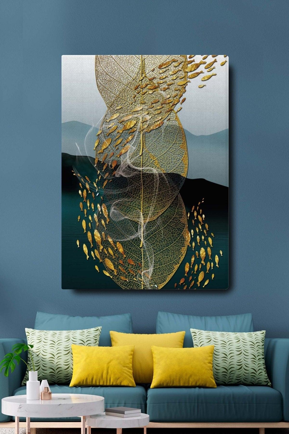 Decorative Abstract Golden Fish And Leaf Surreal Canvas Wall Painting - Swordslife