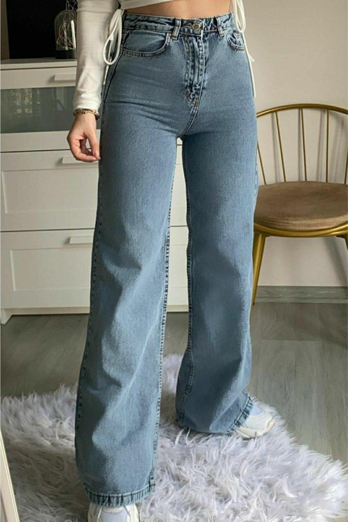 Dark Blue Snow Wash Power Lycra Medium Blue Snow Wash High Waist Wide Leg Denim Jeans - Swordslife