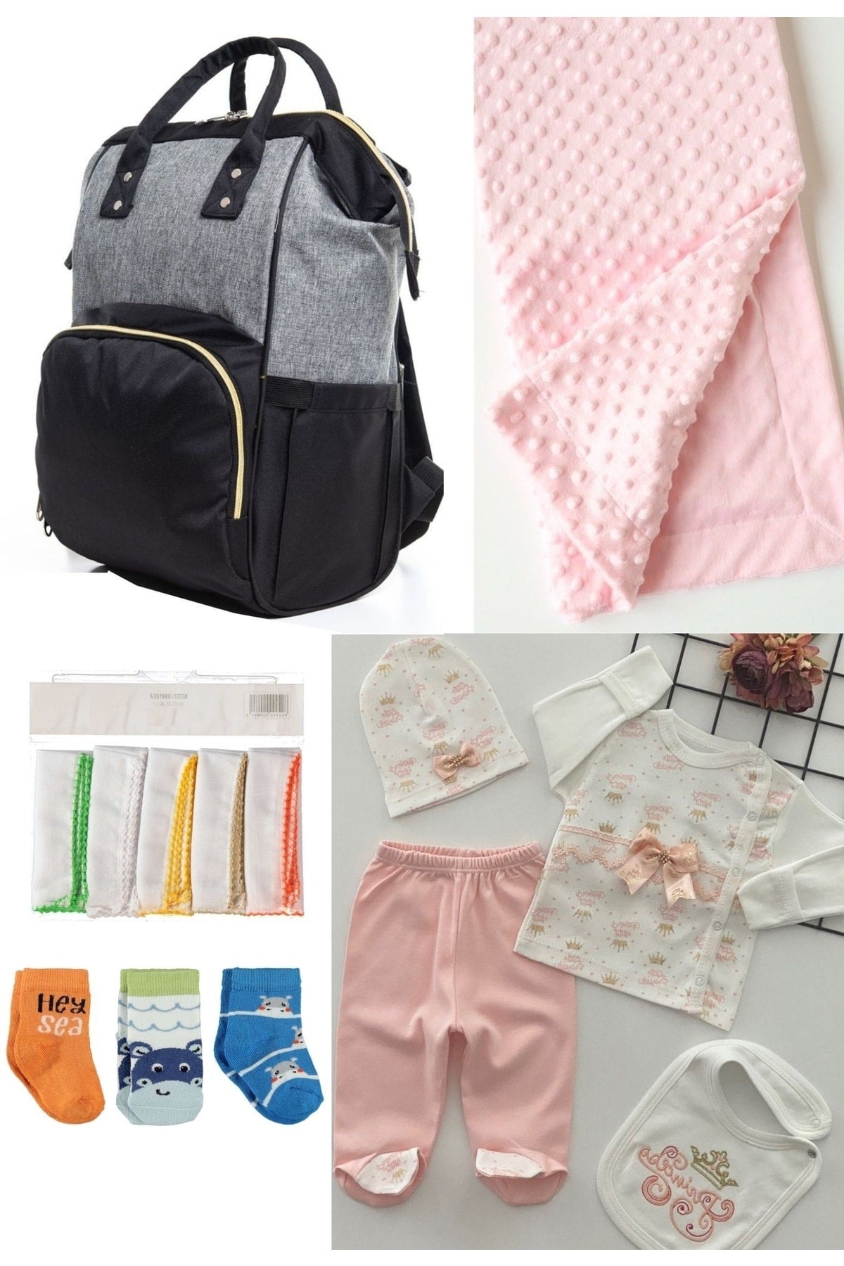 5 Piece Maternity Set (Baby Care Backpack, Hospital Exit, Chickpea Blanket, 10 Wipes and 3 Socks)