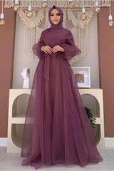 Women's Purple (LILA) Belted Tulle Evening Dress T 4693 - Swordslife