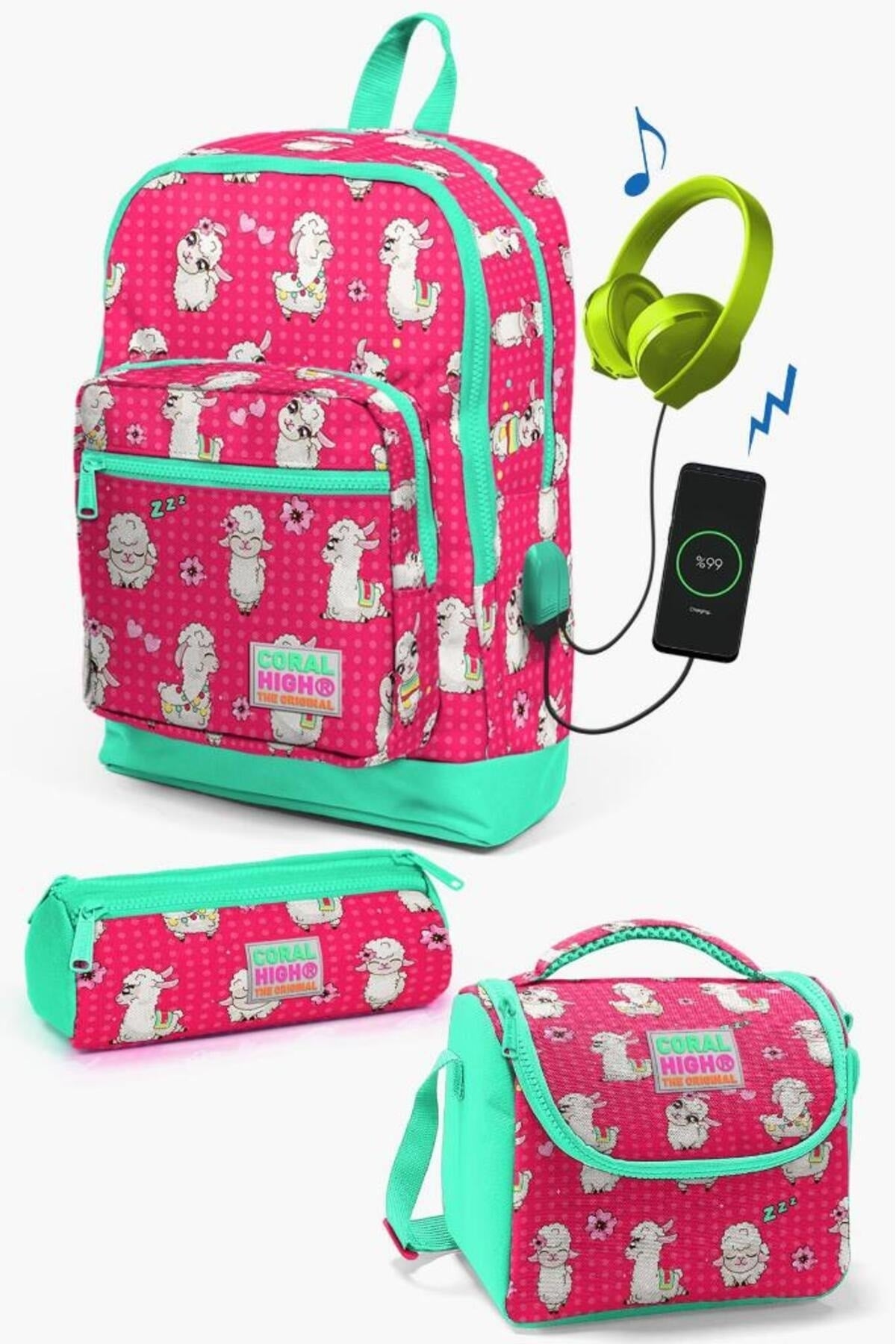Kids Neon Coral Water Green Alpaca Patterned USB 3-pack School Bag Set SET0123268