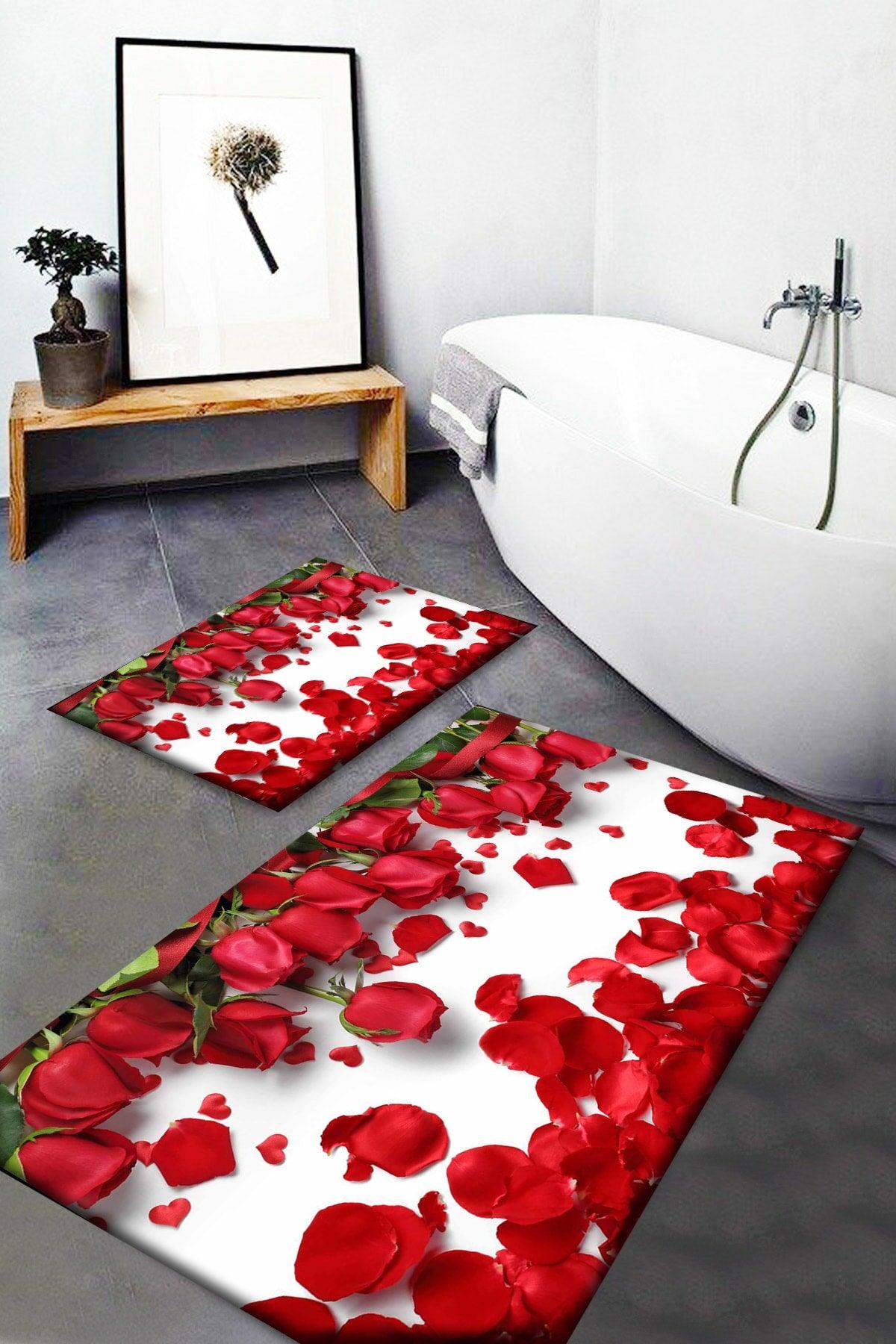 Red Roses Patterned Washable Non-Slip Base 2 Pcs. Bathroom Carpet Doormat Closet Set - Swordslife