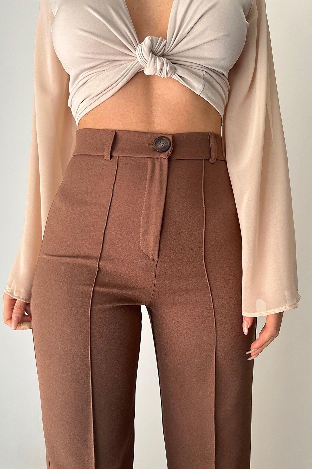 Women's Front Stitching Detail Brown High Waist Palazzo Trousers - Swordslife