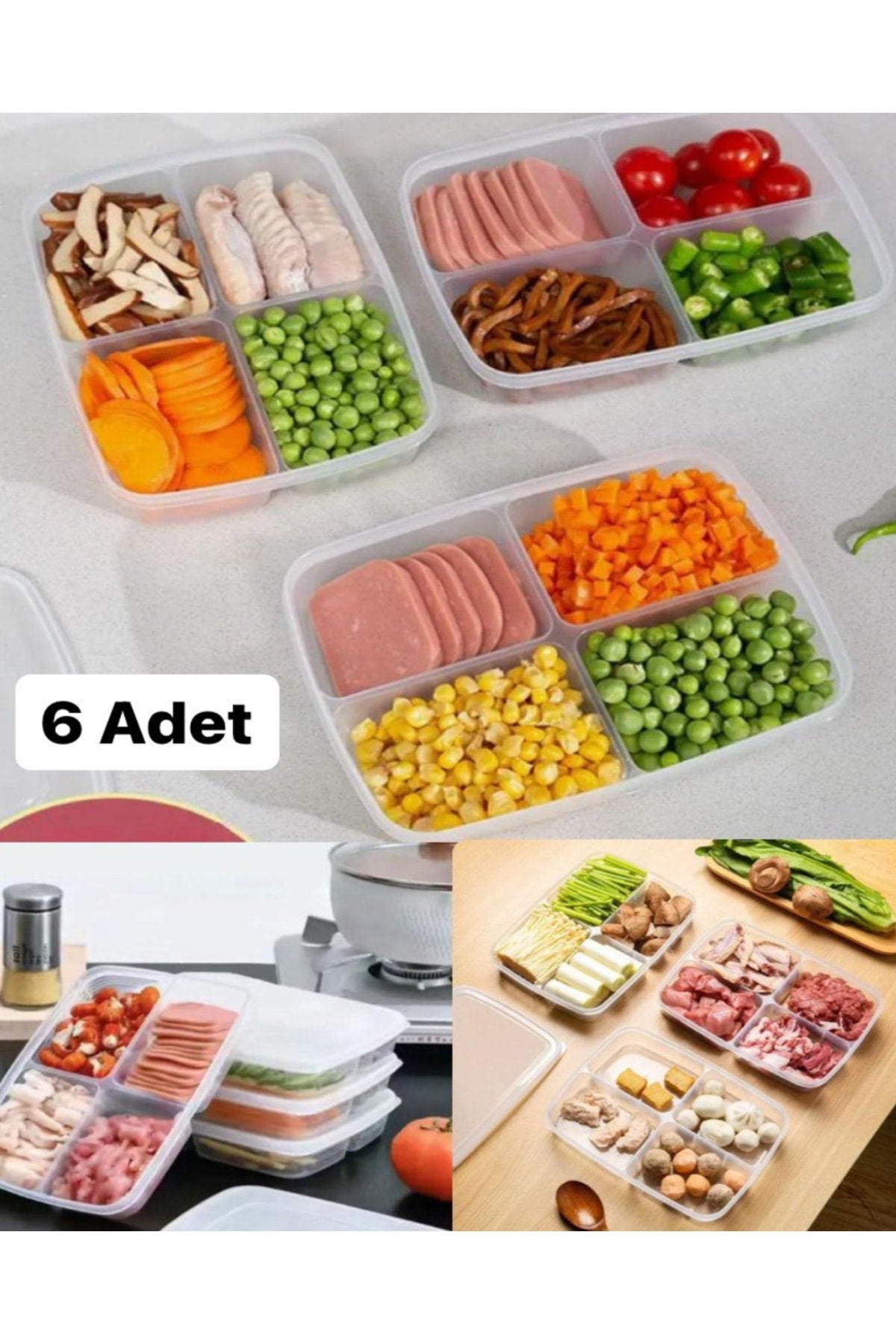6 Pieces 4 Compartments Meal Vegetable Storage Container Legumes Peas Corn Refrigerator Storage Box