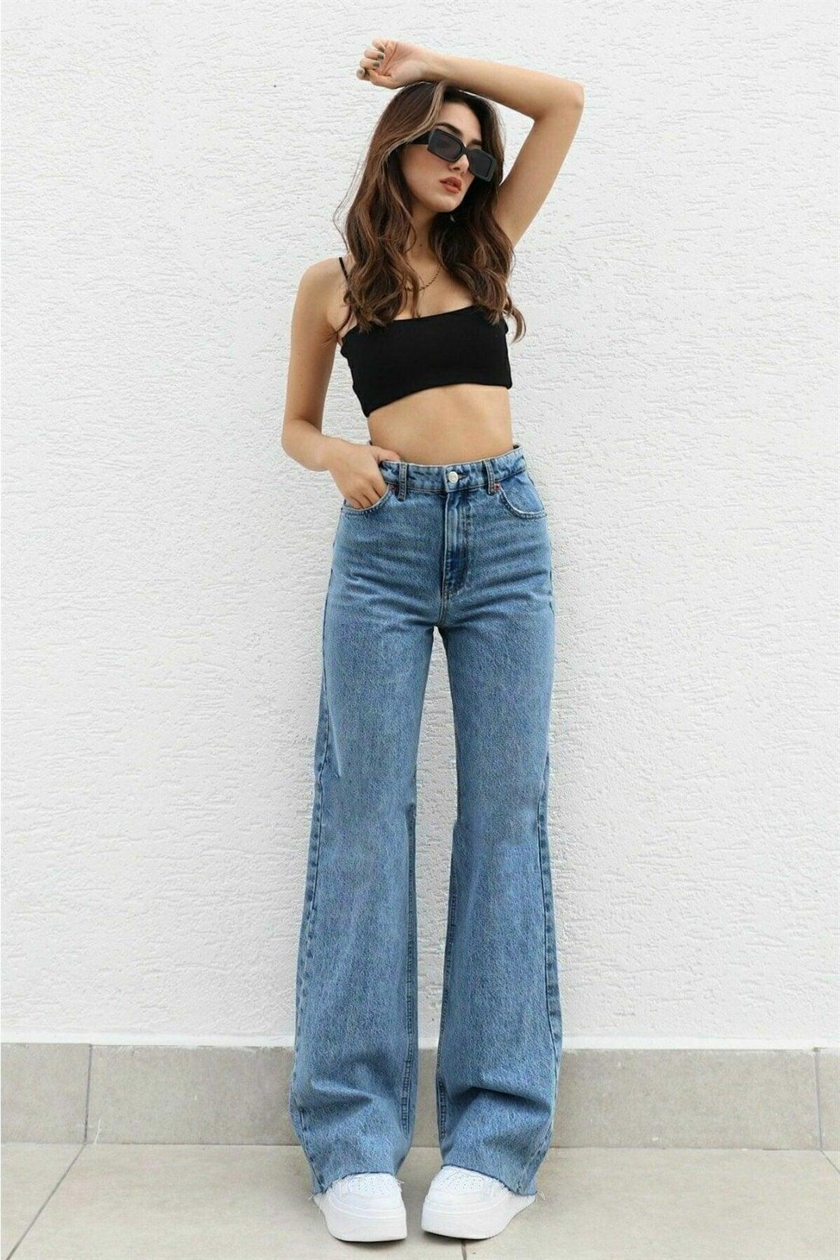 Fashion Nova Gold Lycra Loose Women Medium Snow Blue Super High Waist Wide Leg Denim Jeans - Swordslife