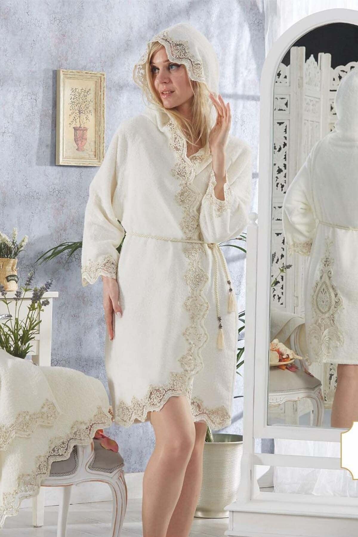 Monalisa Cream Ladies French Lace Honeymoon Dowry Fancy Turkish Bath Robe Set - Swordslife