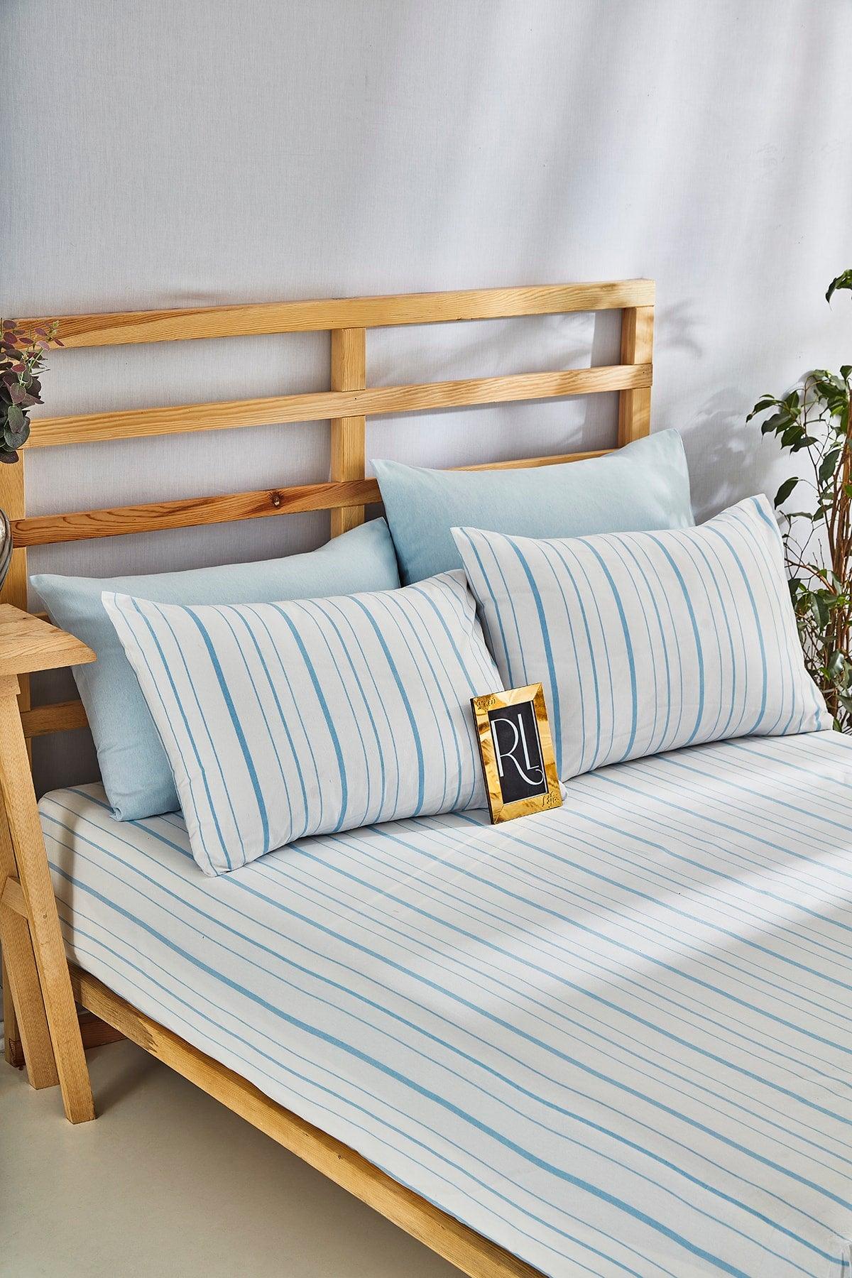 Striped Powder Blue Elastic Bed Sheet Set Cotton-Pillow Cover Single-Double-Duvet Cover - Swordslife