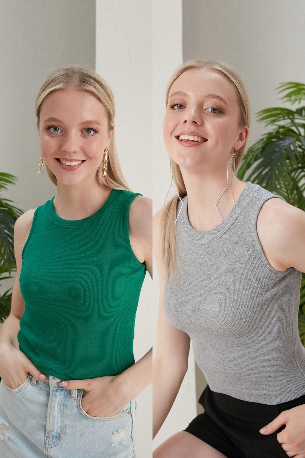 Women's Gray Green Halter Neck Corduroy 2-Pack Crop Blouse - Swordslife