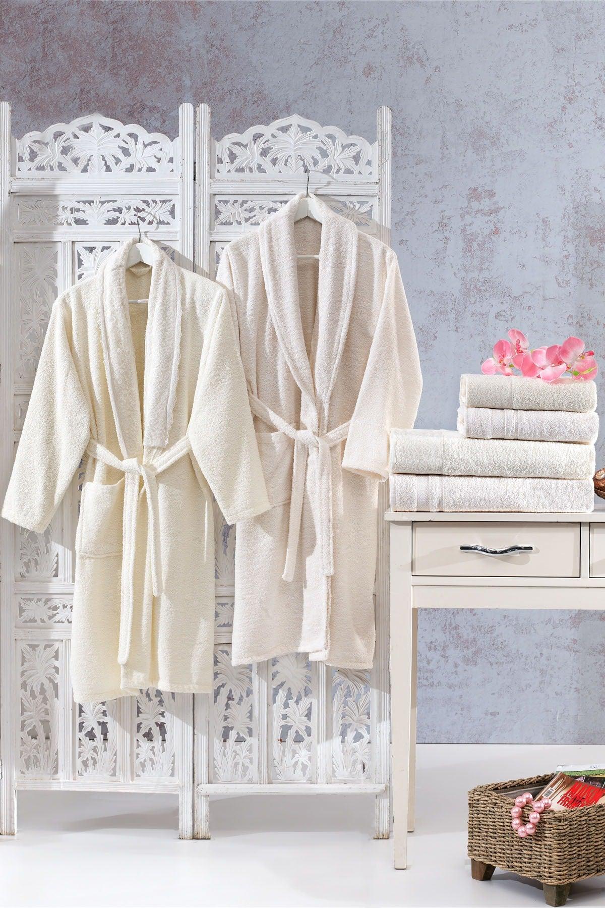 Family Lace Cream & Cream Family Bathrobe Set 6 Pieces Dowry Women Men Bathrobe Bath Towel Set - Swordslife