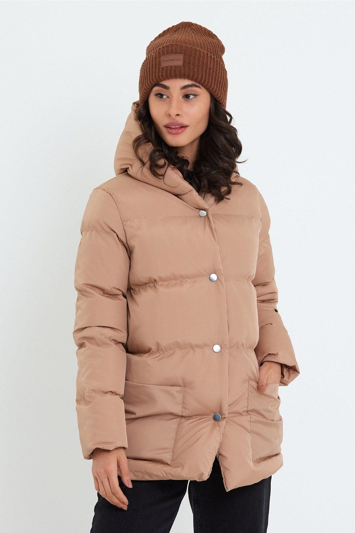 Women's Mink Monica Regular Cut Long Front Button Filled Waterproof Fabric Hooded Coat Tbg094 - Swordslife