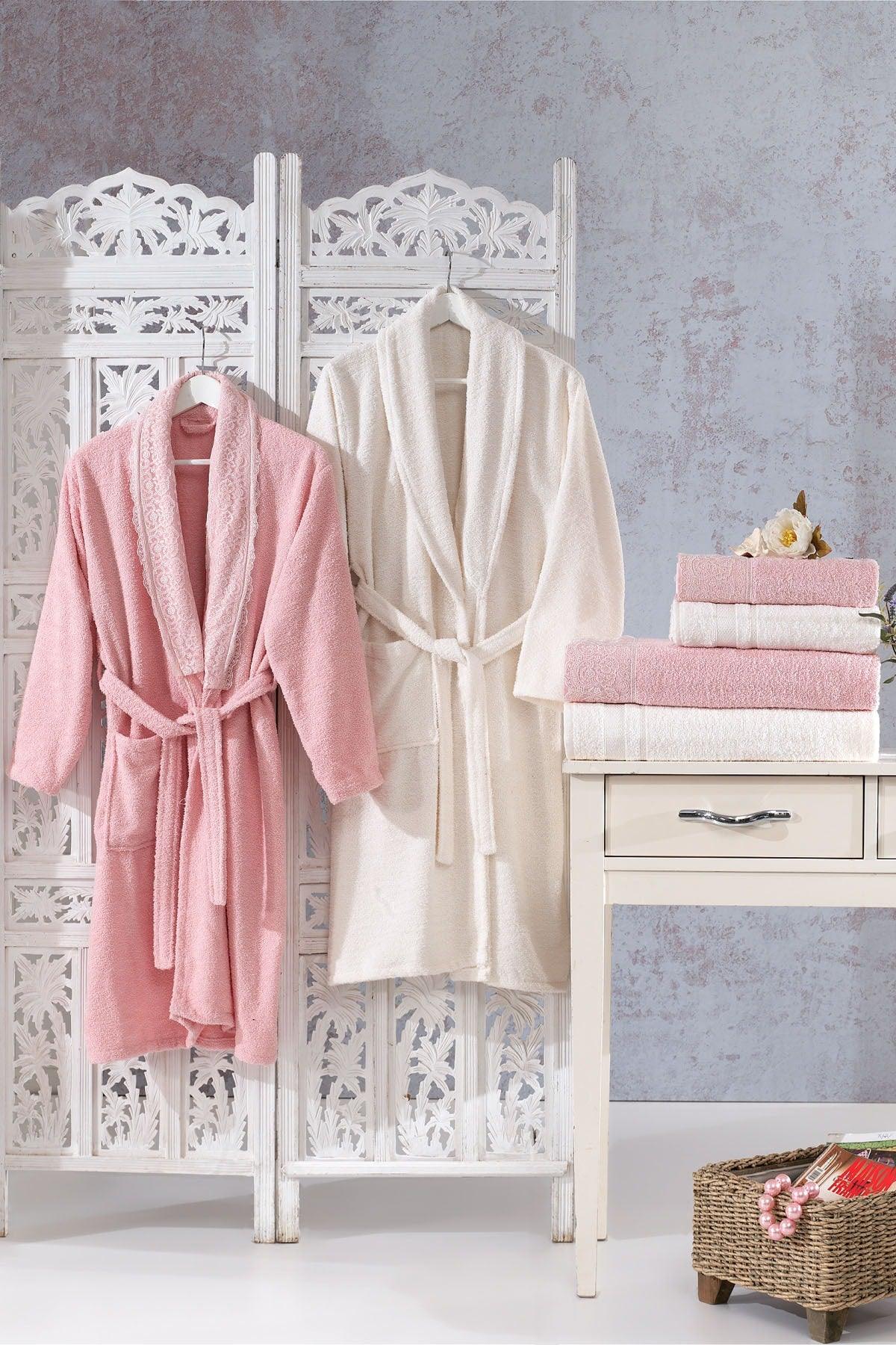 Family Lace Pink & Cream Family Bathrobe Set 6 Pieces Dowry Women Men Bathrobes Bath Towel Set - Swordslife