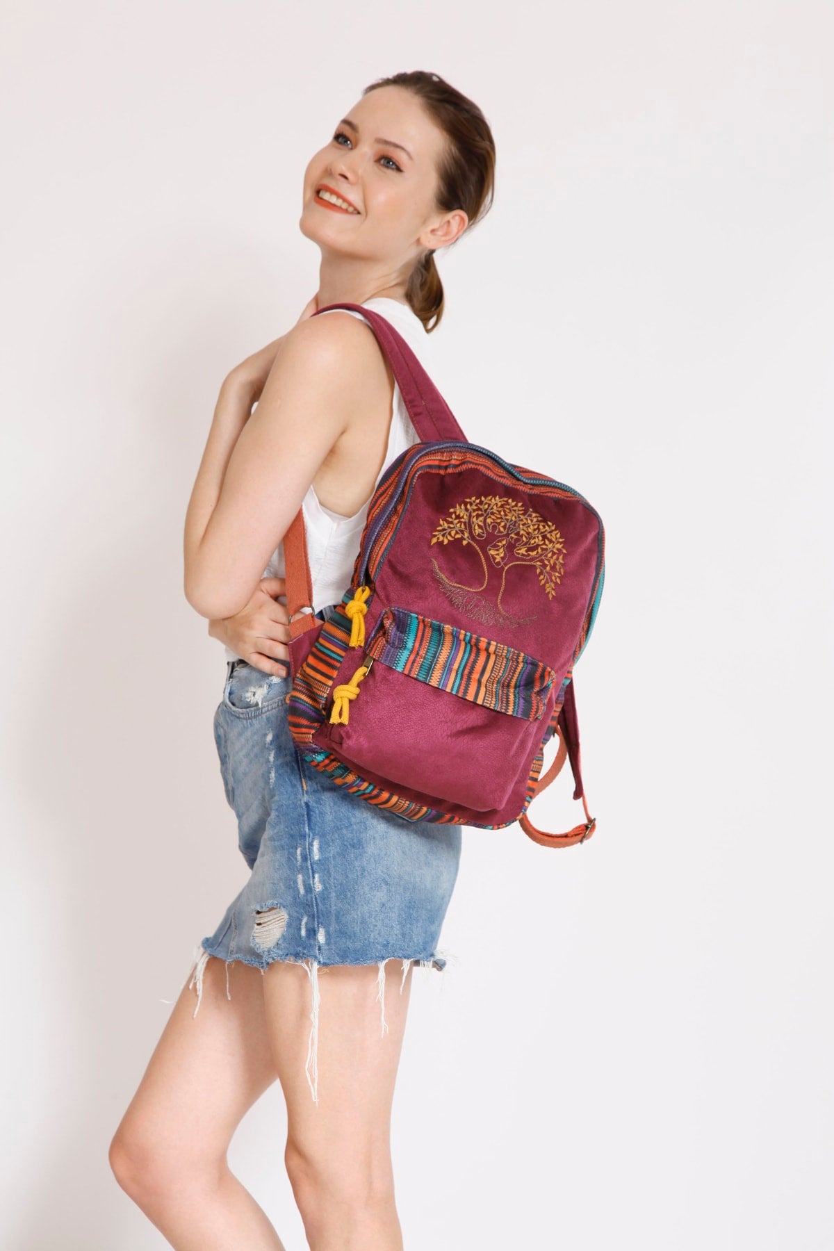 Ethnic Authentic Bohemian Backpack with Tree of Life Embroidery